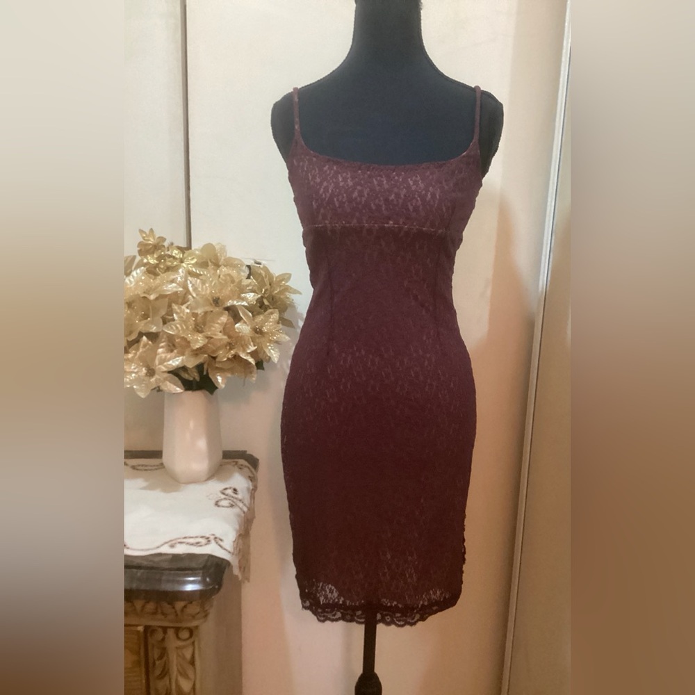 MNG Burgundy Slip Mini Dress Spaghetti Strap - Picture 3 of 9
